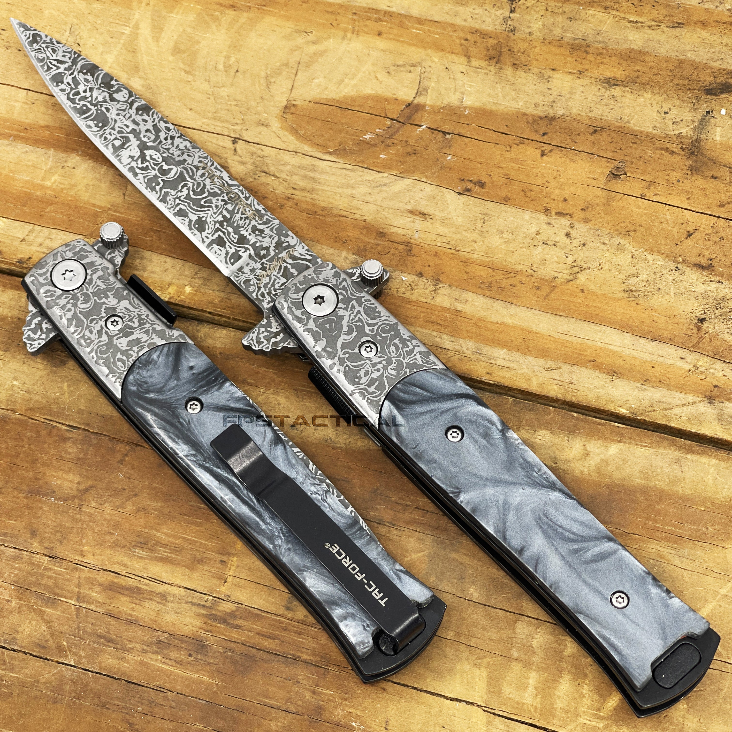 Tac-Force Damascus Silver and Black / Gray Marble (Pearlex) Spring