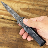 Tac-Force Damascus Silver and Black / Gray Marble (Pearlex) Spring Assisted Stiletto Knife 4"
