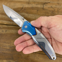 MTech USA Ball Bearing Chrome / Silver / Blue Manual Folding Pocket Knife w Tinite Coating 3.5"
