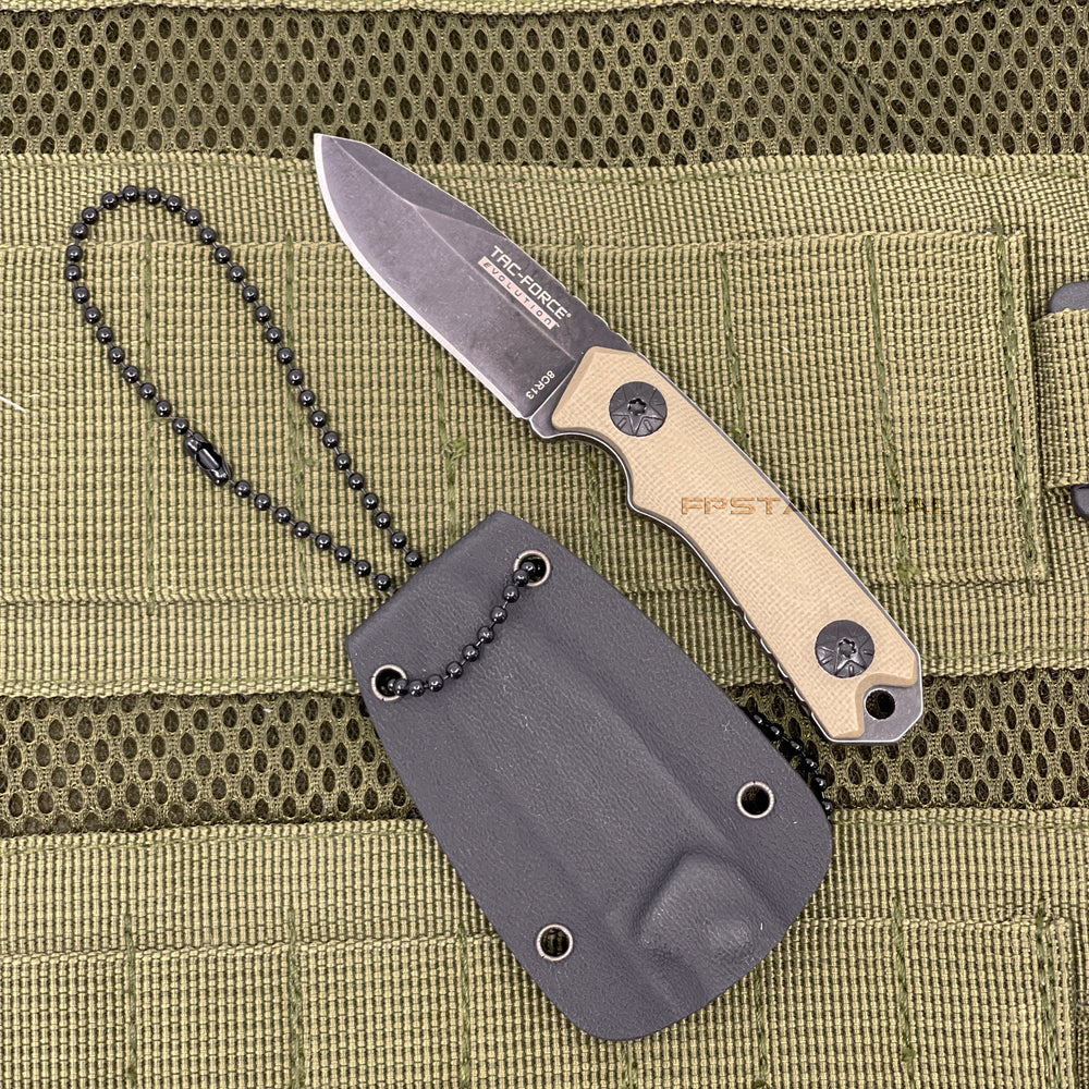 Tac-Force Evolution TFE-FIX009-TN Black / Gray Stonewash Miniature Full Tang Fixed Blade Knife w Necklace Sheath & Tan G10 Handle 2