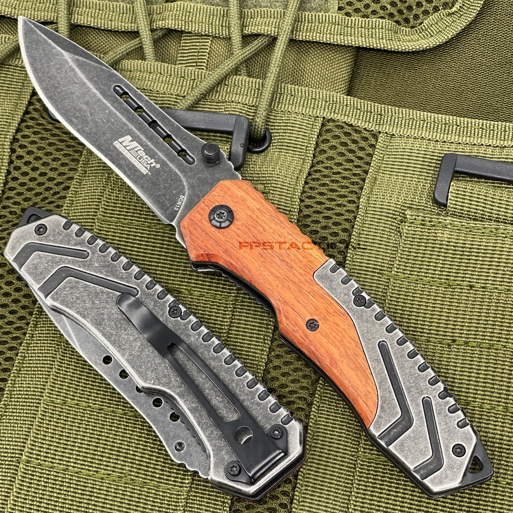 MTech Evolution Gray / Black Stonewash and Wooden Spring Assisted Tactical Knife 3.5