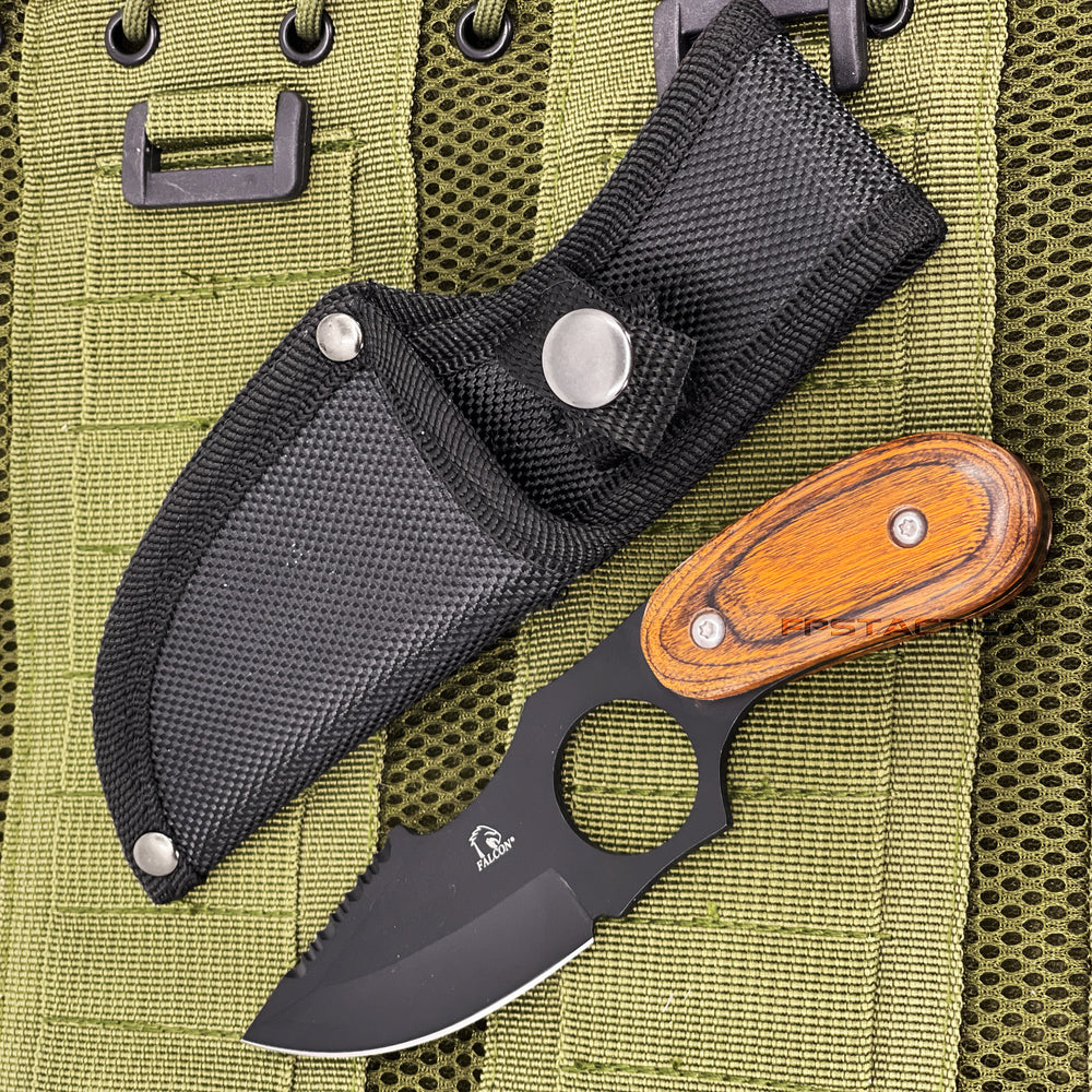 Falcon Black & Wood Full Tang Hunting / Carving Fixed Blade Knife w Sheath 2.5