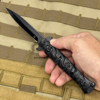 Falcon KS1110BK All Black Spring Assisted Stiletto Knife with Textured Dragon Scales 4"
