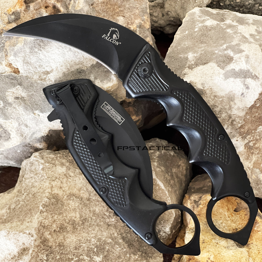 Falcon KS3329BK All Black Karambit Spring Assisted Tactical Knife with Glass Breaker 3