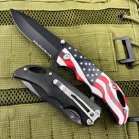 Pacific Solutions Compact Drop Point USA Flag Spring Assisted Knife Black 3" Serrated
