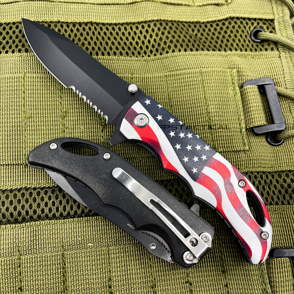 Pacific Solutions Compact Drop Point USA Flag Spring Assisted Knife Black 3