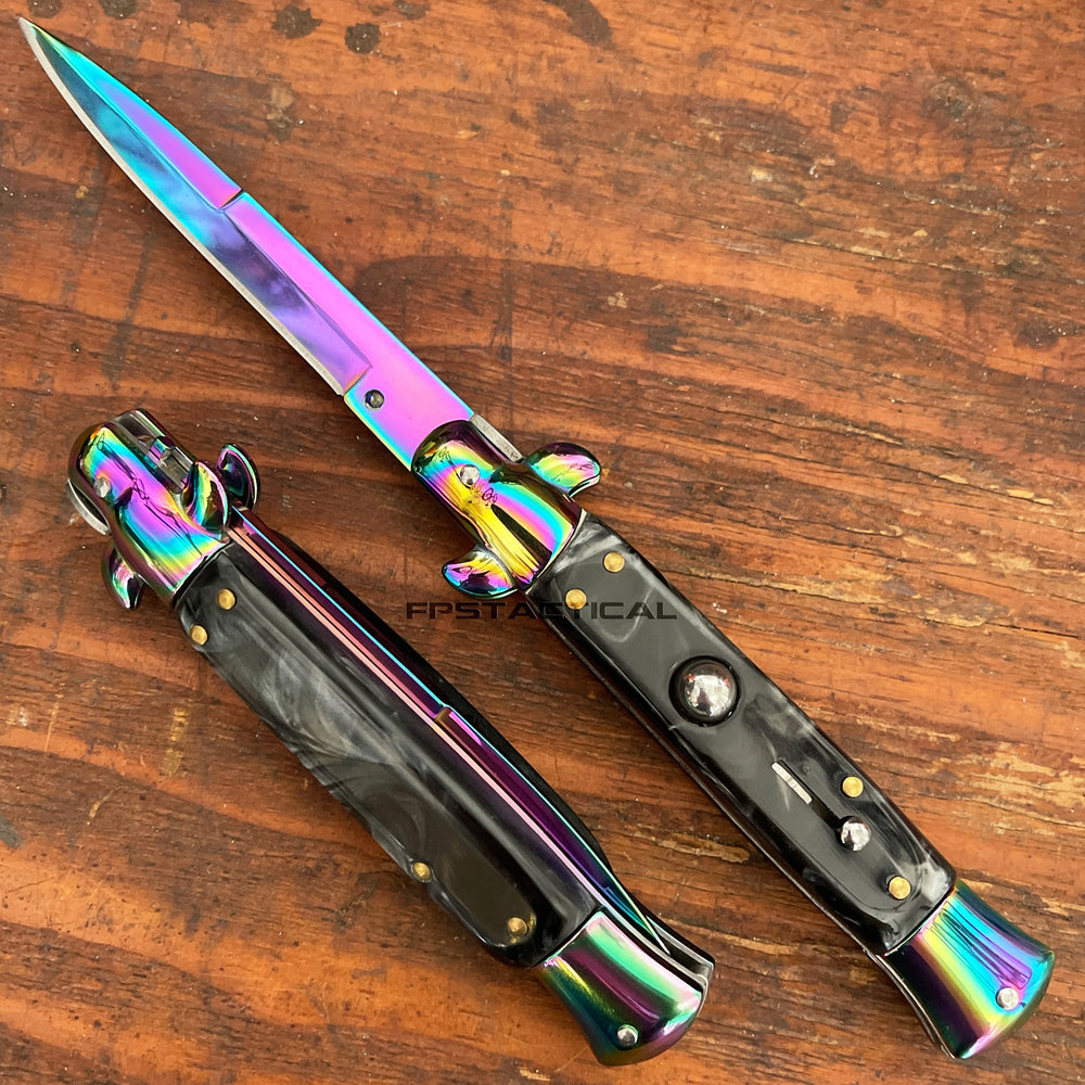 FPSTACTICAL Flaxon Italian Style Stiletto Switchblade Mirror / Iridescent Rainbow w Black Marble Scales 4