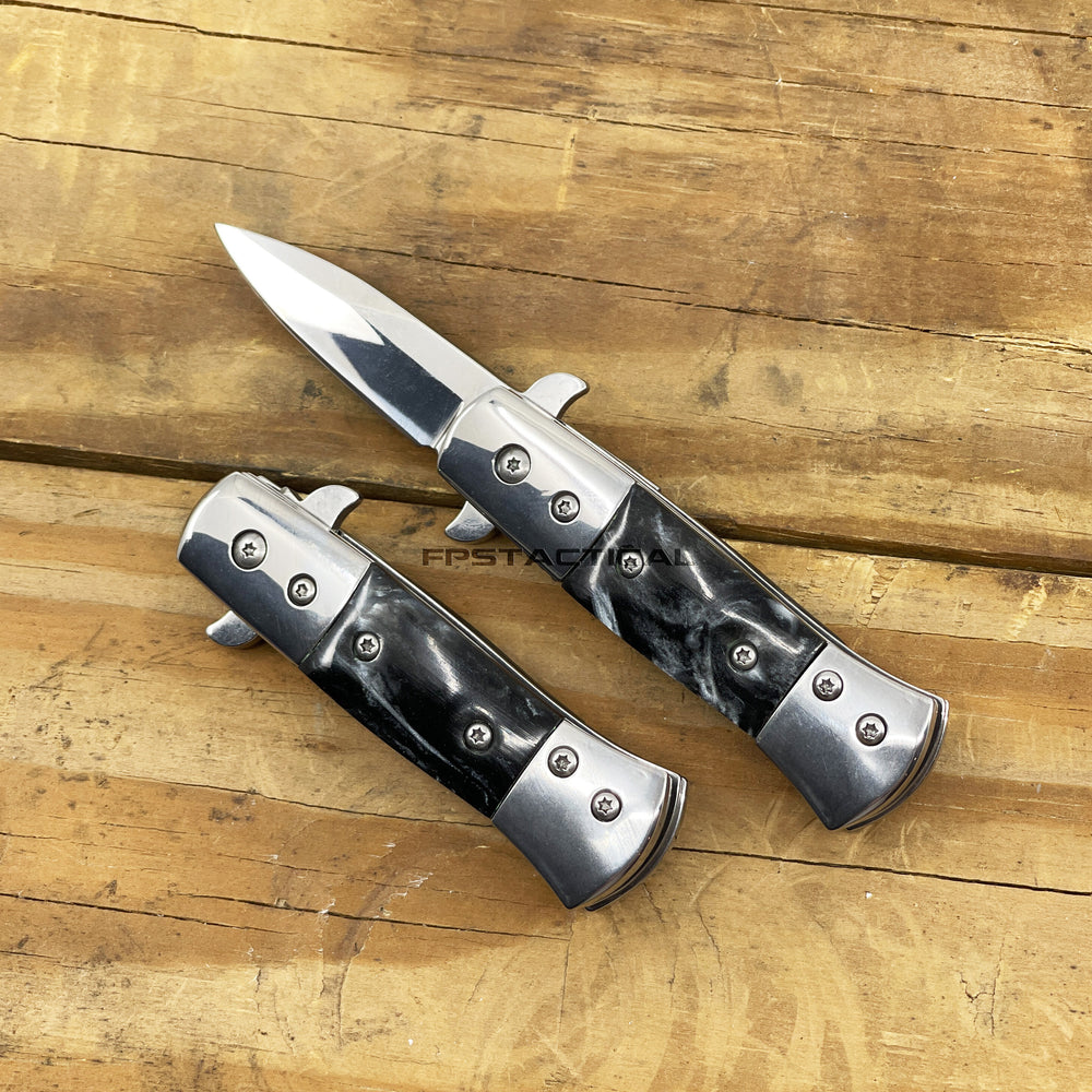 Pacific Solutions KS3336S-NP Miniature Gray Marble Mirror / Chrome Spring Assisted Stiletto Knife 1.75