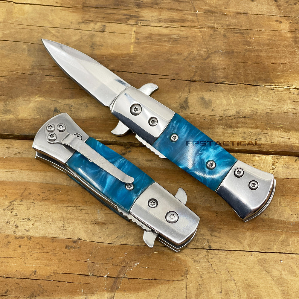 Pacific Solutions KS3336S-SK Miniature Blue Pearlex Mirror / Chrome Spring Assisted Stiletto Knife 1.75
