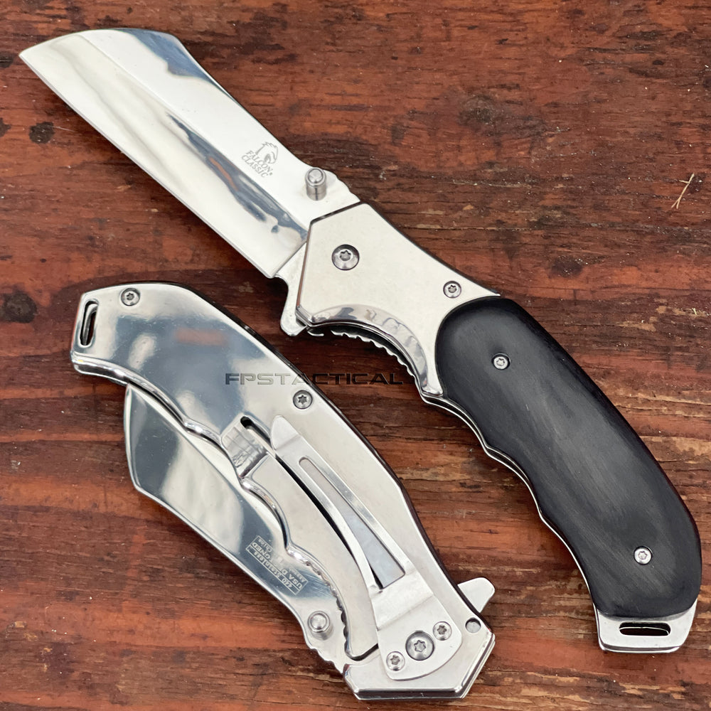 Falcon Classic KS3301CB Chrome Silver and Gray Ash Wood Cleaver Spring Assisted Knife 3.25