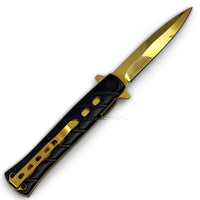 Falcon KS1108BG Matte Black and Mirror Gold Grooved Handle Spring Assisted Stiletto Knife 4"
