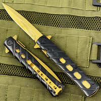 Falcon KS1108BG Matte Black and Mirror Gold Grooved Handle Spring Assisted Stiletto Knife 4"
