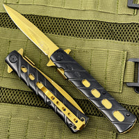 Falcon KS1108BG Matte Black and Mirror Gold Grooved Handle Spring Assisted Stiletto Knife 4"