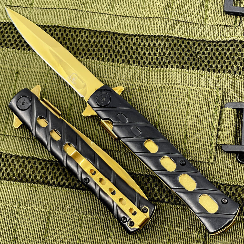 Falcon KS1108BG Matte Black and Mirror Gold Grooved Handle Spring Assisted Stiletto Knife 4
