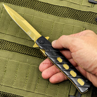 Falcon KS1108BG Matte Black and Mirror Gold Grooved Handle Spring Assisted Stiletto Knife 4"
