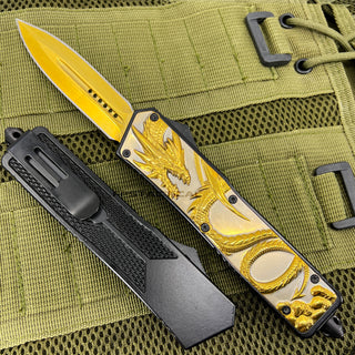 FPSTACTICAL Basilisk Dual Edge OTF Knife Black & Gold & Silver Dual Edge and Dragon Handle 3.5