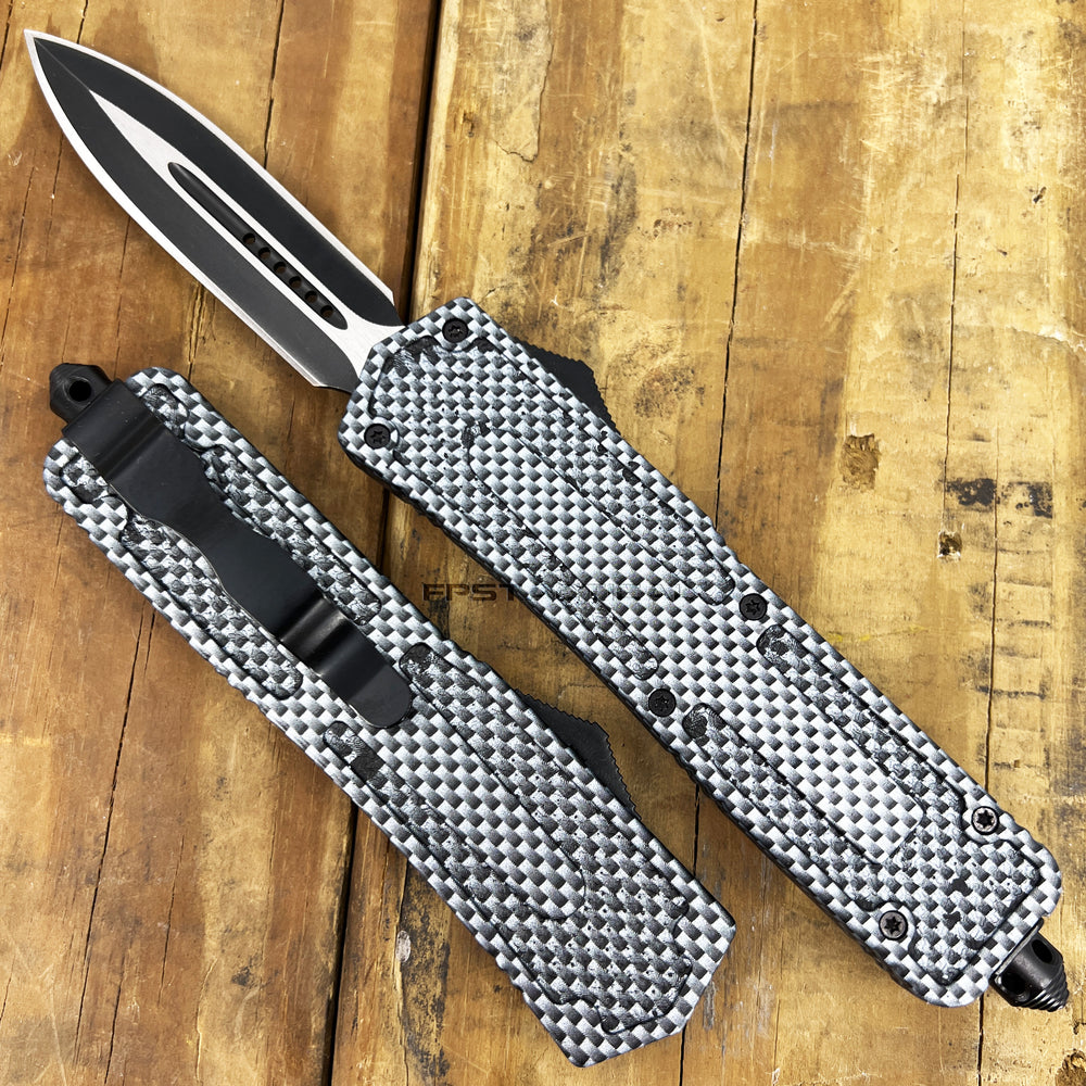 FPSTACTICAL Anthracite OTF Knife Black Silver w Carbon Fiber Handle 3.5