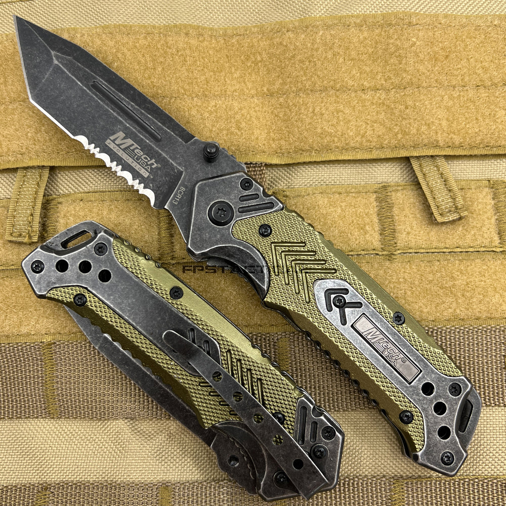 MTech Evolution Gray / Black Stonewash and Olive Drab Green Spring Assisted Tactical Knife 3.5
