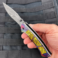Dark Side Damascus Etched Grey / Gold Multi Color Skulls Spring Assisted Fantasy Pocket Knife 3.5"

