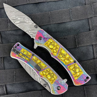 Dark Side Damascus Etched Grey / Gold Multi Color Skulls Spring Assisted Fantasy Pocket Knife 3.5