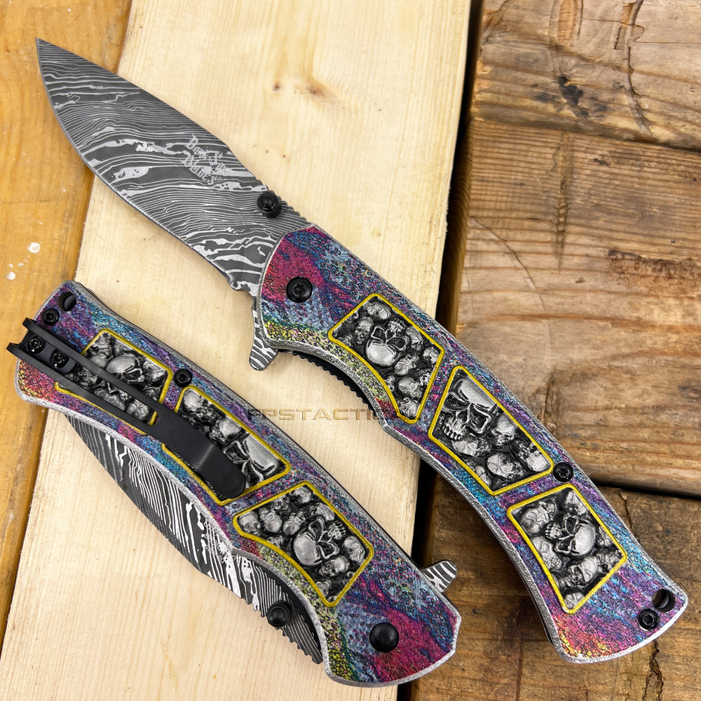 Dark Side Damascus Etched Grey / Silver Multi Color Skulls Spring Assisted Fantasy Pocket Knife 3.5