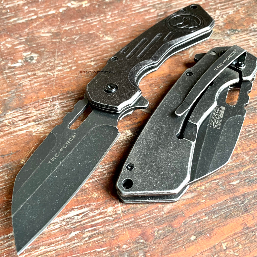 Tac-Force Black / Grey Skull Stonewashed Spring Assisted EDC Sheepsfoot Knife 3.5