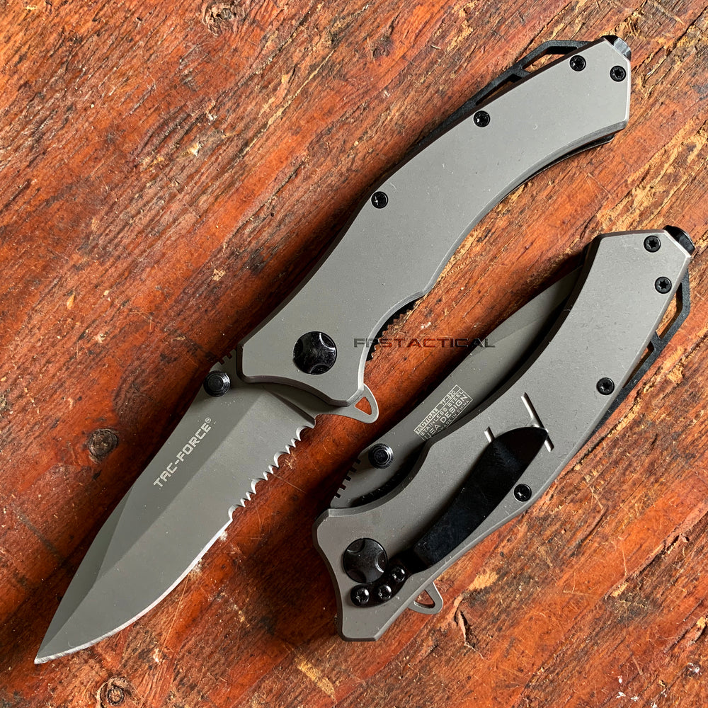 Tac-Force Titanium Coated Spring Assisted Serrated Combination EDC Knife Gunmetal & Black 3.5