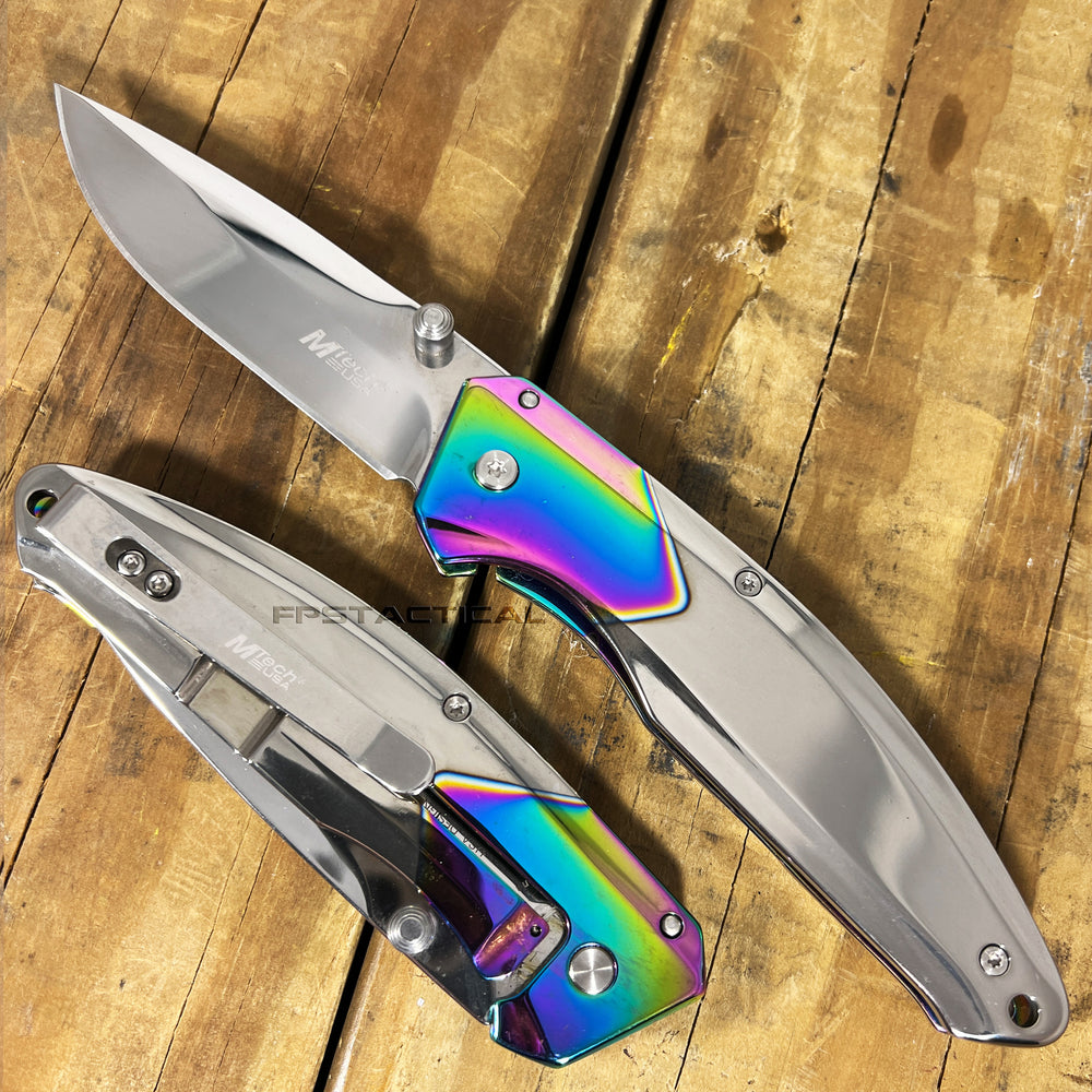 MTech USA Ball Bearing Chrome / Silver / Iridescent Rainbow Manual Folding Pocket Knife w Tinite Coating 3.5