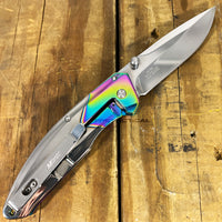 MTech USA Ball Bearing Chrome / Silver / Iridescent Rainbow Manual Folding Pocket Knife w Tinite Coating 3.5"
