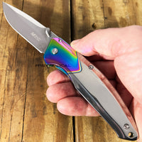 MTech USA Ball Bearing Chrome / Silver / Iridescent Rainbow Manual Folding Pocket Knife w Tinite Coating 3.5"

