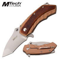 MTech USA Compact Spring Assisted Pocket Knife Silver with Copper Scales / Wooden Inlay 2.75"

