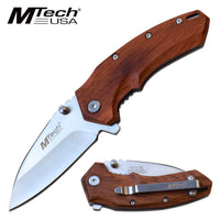 MTech USA Compact Spring Assisted Pocket Knife Silver with Wooden Scales 2.75"
