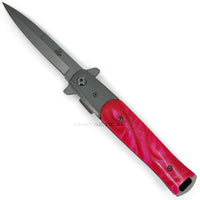 Falcon Silver and Pink Pearlex Spring Assisted Stiletto Knife 3.75"
