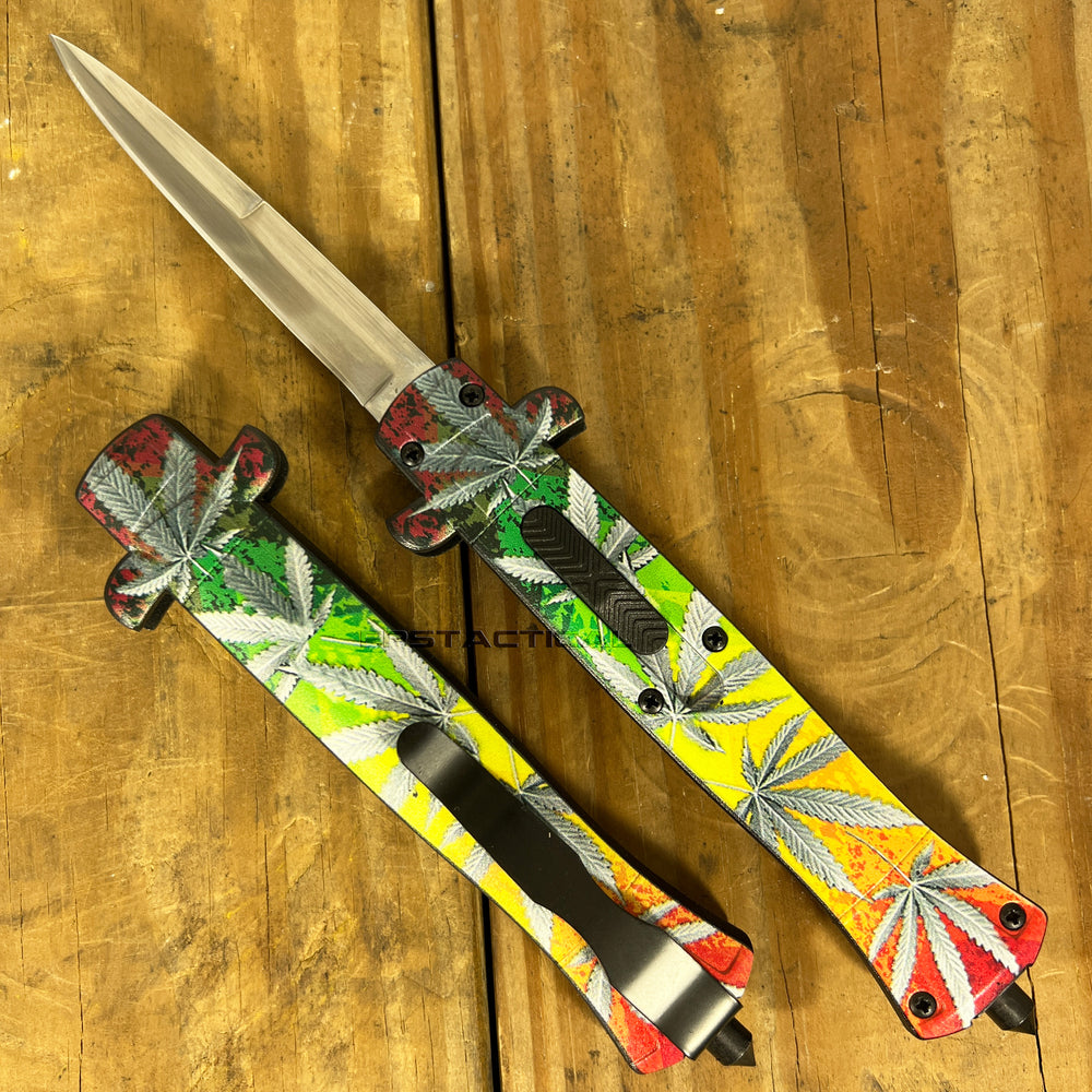 FPSTACTICAL Maui Wowie Automatic OTF Switchblade Stiletto Knife Black w/ Multi Color Marijuana print / Mirror Polish 3.75