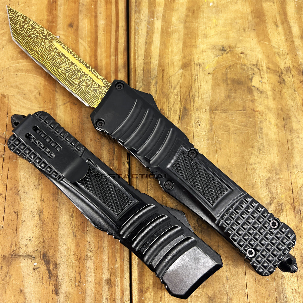 FPSTACTICAL Aurelian OTF Knife Black & Gold w Damascus Blade & Molded Handle 3.5