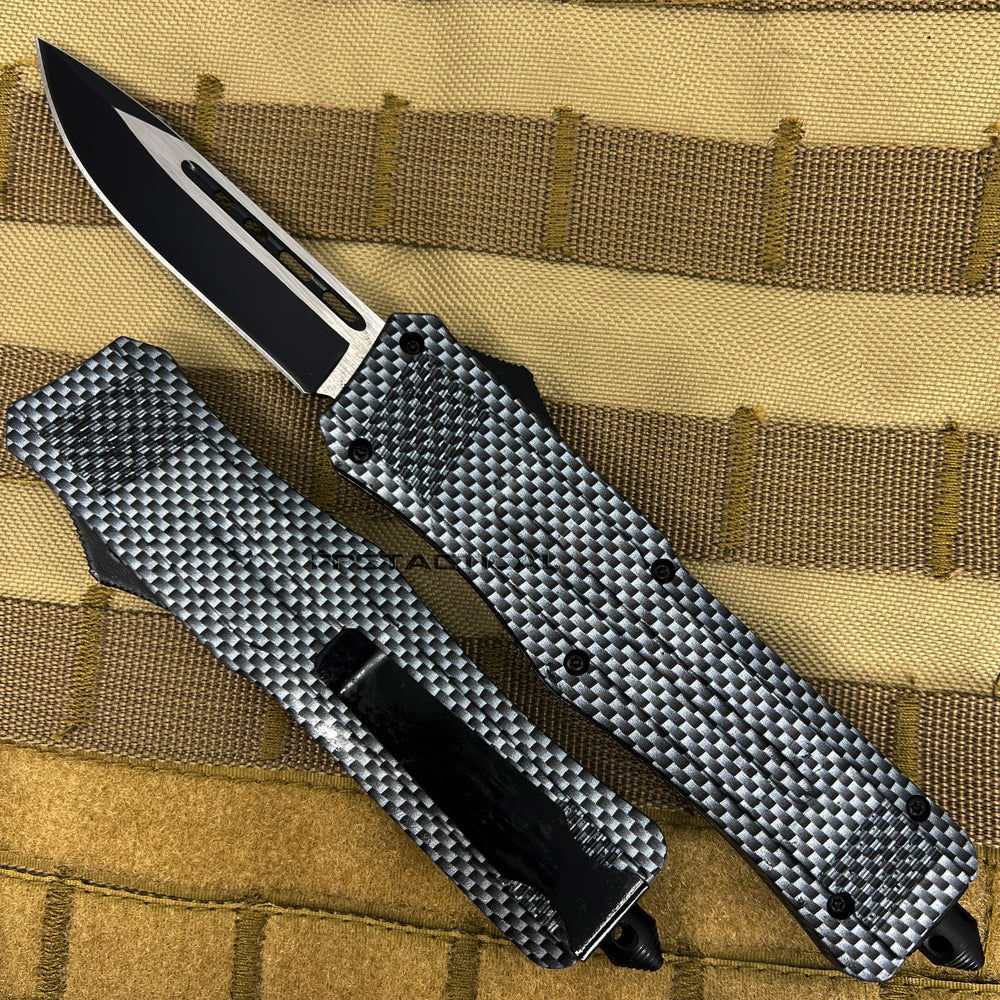 FPSTACTICAL Cinder OTF Knife Black Silver w Carbon Fiber Handle