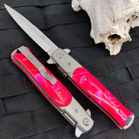 Falcon Silver and Pink Pearlex Spring Assisted Stiletto Knife 3.75"
