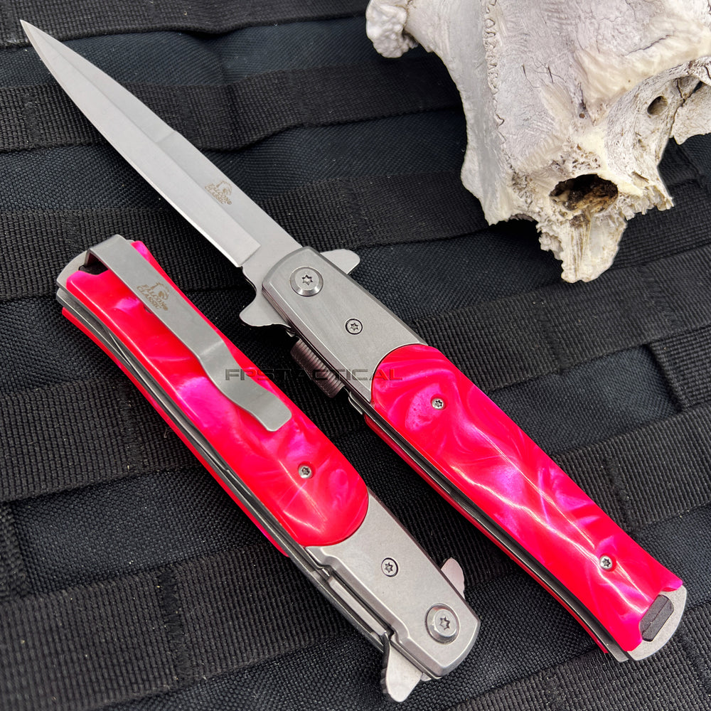 Falcon Silver and Pink Pearlex Spring Assisted Stiletto Knife 3.75