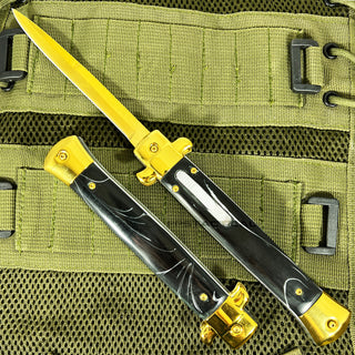 FPSTACTICAL Opulent Automatic OTF Switchblade Stiletto Knife Black Marble w/ Golden Mirror Polish 5