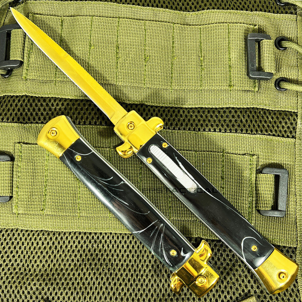 FPSTACTICAL Opulent Automatic OTF Switchblade Stiletto Knife Black Marble w/ Golden Mirror Polish 5