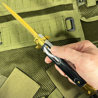 FPSTACTICAL Opulent Automatic OTF Switchblade Stiletto Knife Black Marble w/ Golden Mirror Polish 5"
