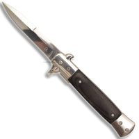 Falcon Mirror / Chrome with Black Ash Pakkawood Spring Assisted Stiletto Knife 4"
