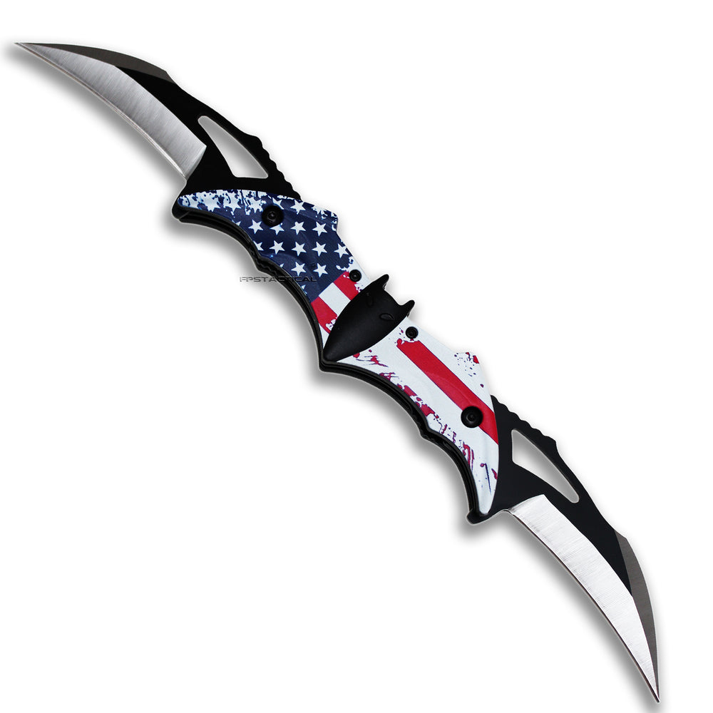 Pacific Solutions Dual Blade Bat Wing American Flag Spring Assisted Knife Black and Silver Dual 4.5