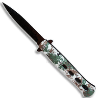 Pacific Solutions Matte Black Spring Assisted Stiletto Knife with ABS Forest / Snow Digital Camouflage Scales 4"

