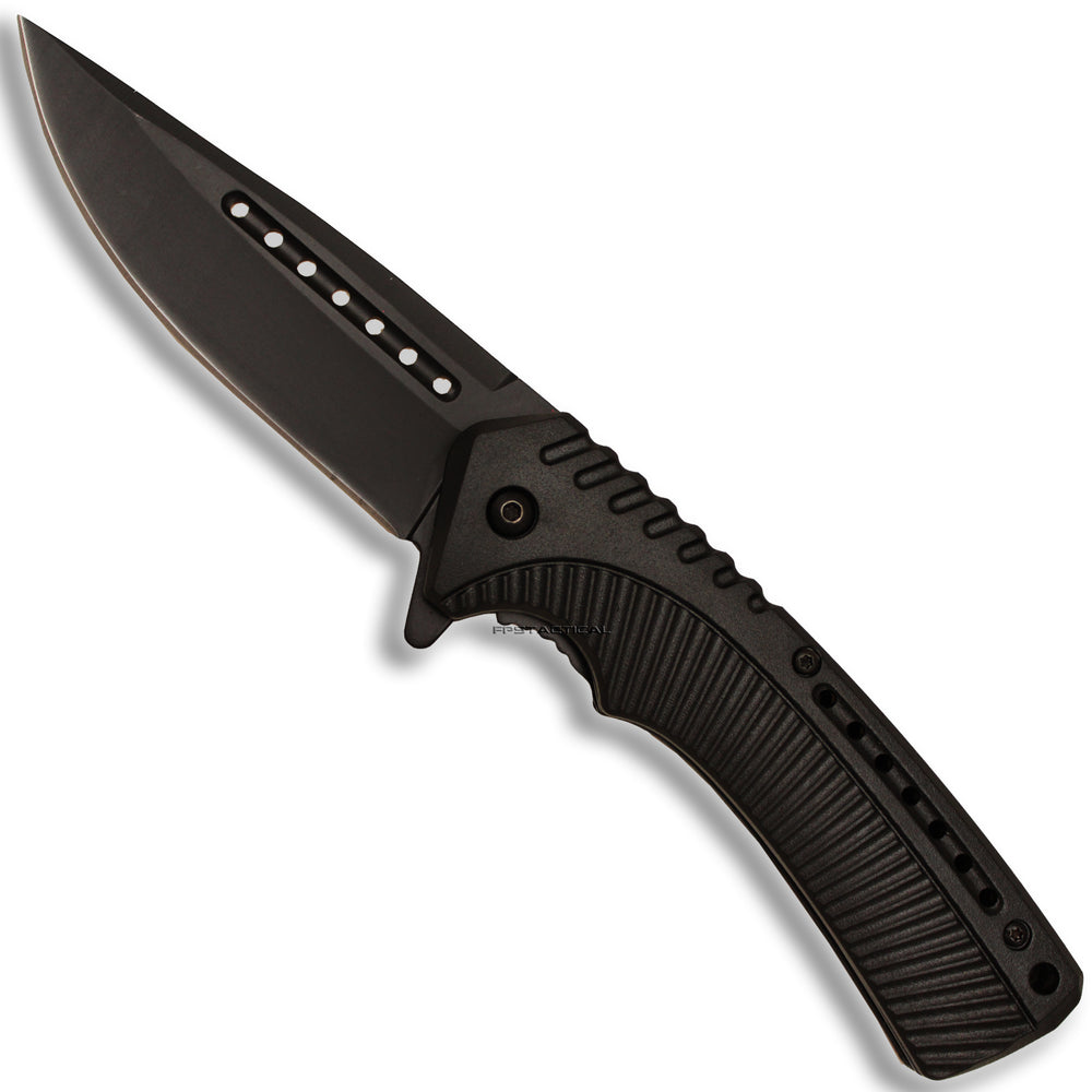Pacific Solutions Black Contoured & Grooved Spring Assisted Tactical Hunting Knife 3.75