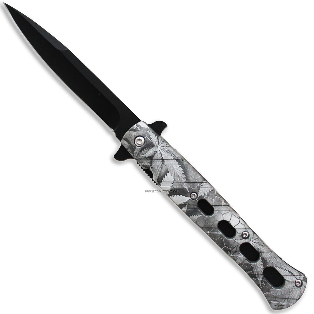 Pacific Solutions Black & White Spring Assisted Stiletto Knife w Marijuana HoneyComb Print Scales 4