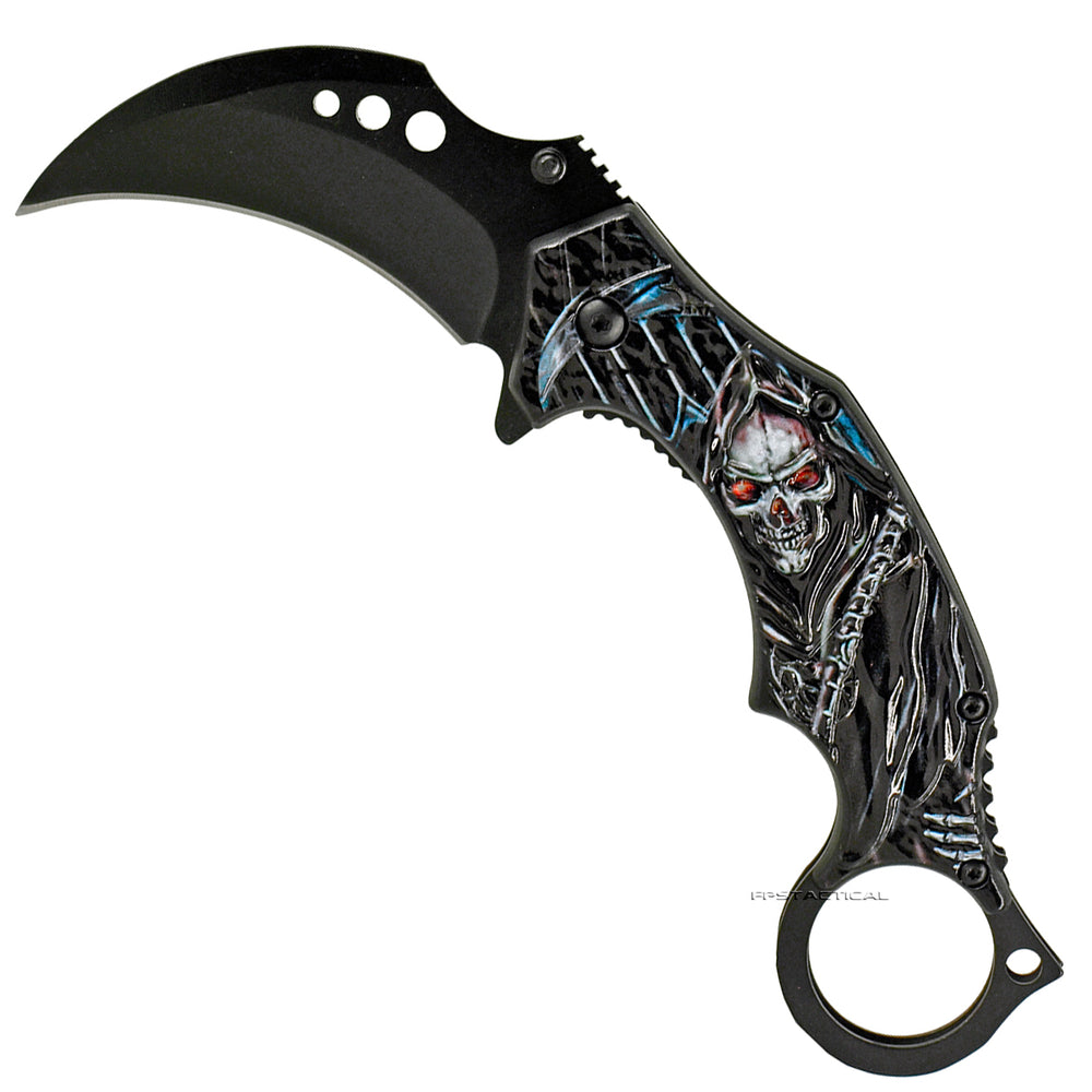 Pacific Solutions KS6157-2 Karambit Spring Assisted Knife w 3D Grim Reaper ABS Scales Black 2.75
