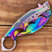 Falcon KS3329RB Mirror Iridescent / Rainbow Multi-Colored Karambit Spring Assisted Tactical Knife 3"