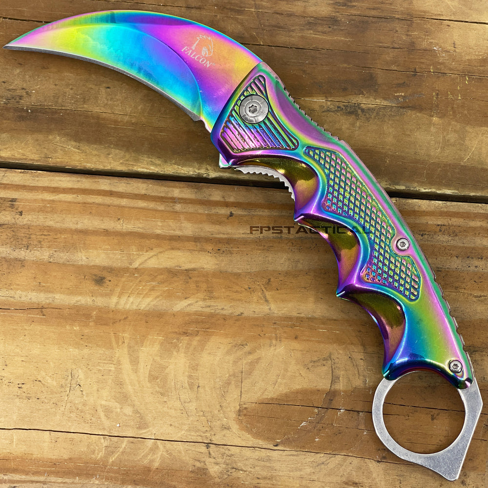 Falcon KS3329RB Mirror Iridescent / Rainbow Multi-Colored Karambit Spring Assisted Tactical Knife 3