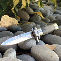Falcon Mirror / Chrome with Black Ash Pakkawood Spring Assisted Stiletto Knife 4"
